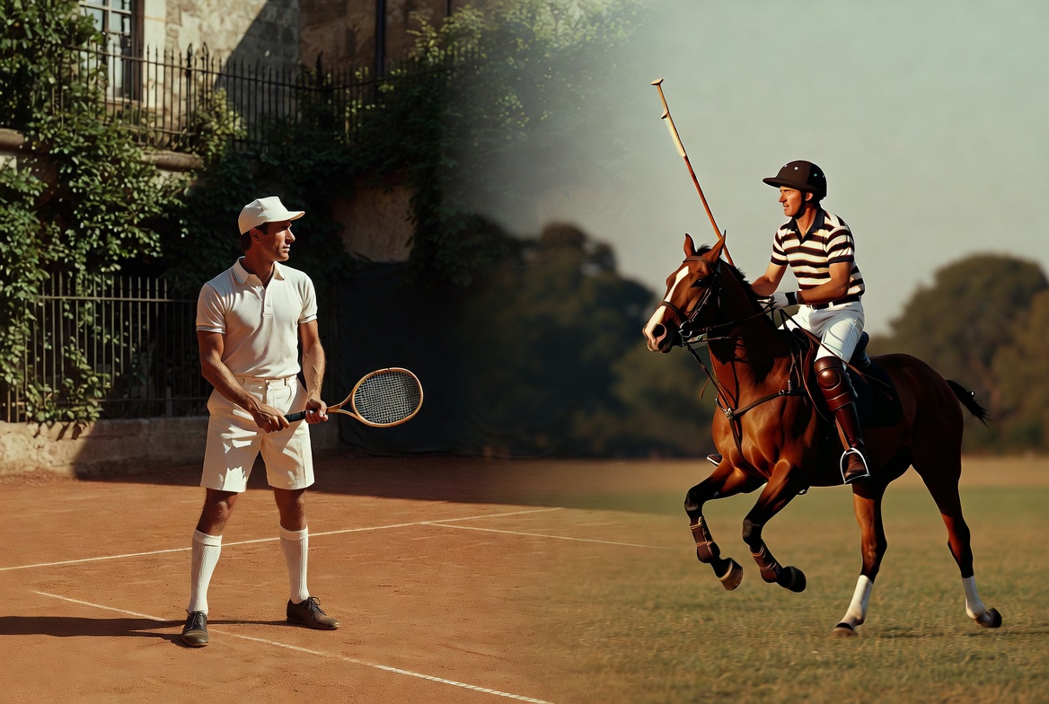 Dramatic split composition: A 1920s-style tennis player in white polo on clay court facing a polo player on horseback mid-swing on a sunlit field — the visual embodiment of French functional innovation meeting American aspirational mythology.
